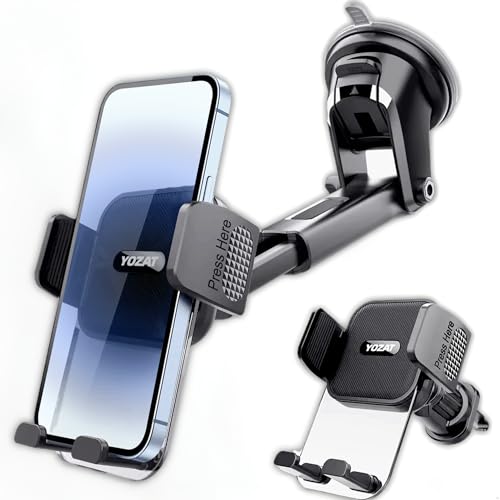 YOZAT [2026 Upgraded Military-Grade Car Phone Holder Mount — Ultra-Stable Clamp Grip, 3-in-1 Dashboard/Windshield/Air Vent, One-Button Release — Heavy Duty Universal for iPhone & All Smartphones