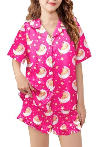 Image of Arshiner Girls Pajamas Silk Satin Pajama Set Button Pjs Ruffle Sleepwear