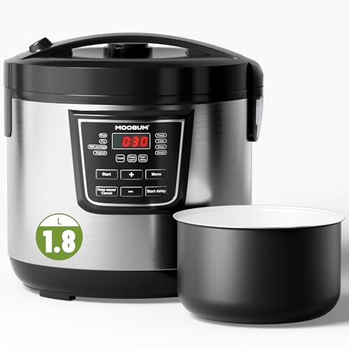 MOOSUM 1.8L Rice Cooker with Ceramic Coated Pot (PFAS/PFOA-Free) | 8-in-1 Multi-Cooker for 3-10 People, Stainless Steel, 24H Keep Warm & Dishwasher-Safe