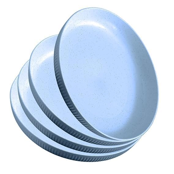 Image of Wheat Straw Dinner Plate Set, Eco-Friendly Dinner Set Round Serving Plate, Dishwasher & Microwave Safe - Perfect for Dinner Dishes Deep Plates Easy to Clean (Blue - 4pcs, Medium)