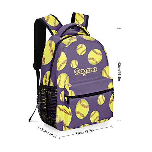 Ball Softball Baseball Purple Custom Name Backpack Waterproof Casual Daily Pack for Gift Hiking Camper Pack 7