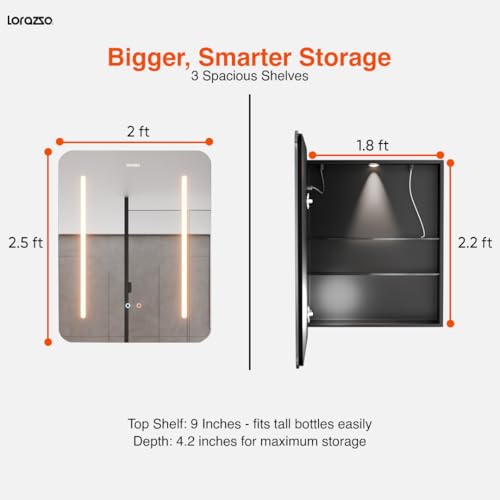 Image of Lorazzo Smart LED Mirror Cabinet - 30x24 in | 3 Colour LED Bathroom Mirror (Warm, Cool & White) | Anti-Fog Mirror with Defogger | Matte Black Mirror Cabinet with Storage | 5-Year Warranty