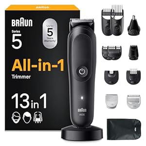 Braun All-in-One Series 5, 13-in-1 Multigroom, Barttrimmer, Nasenhaartrimmer, Haarschneidemaschine für Gesicht, Kopf und Körper, 120 Min Akku, 14 Längen (0.5–21 mm), Wasserdicht, AIO5565, Schwarz