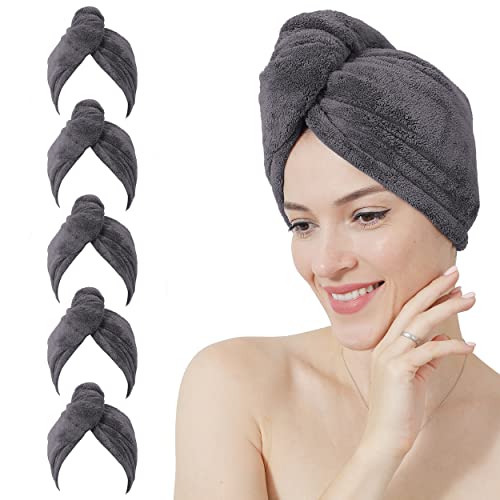 Moonqueen 5 Pack Hair Towel - Thicken 380Gsm - Super Absorbent Quick Dry Hair Turban For Drying Curly Long Thick Hair Dark Grey #TOP11