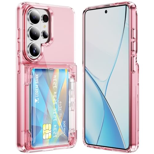 Coque Samsung S24 Ultra rose transparente antichoc en silicone rigide avec porte-carte intégré