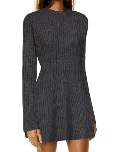AnotherChill Womens Sweater Dress Ribbed Knit Short Mini Dresses Long Sleeve Crewneck Causal 2023 Fall Winter (Dark-Grey, Medium)