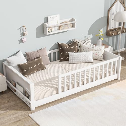 Image of Twin Size Kids Montessori Floor Bed,Twin Floor Bed Frame with Slats and Bookcase,Solid Wood Montessori Bed for Girls Boys,White