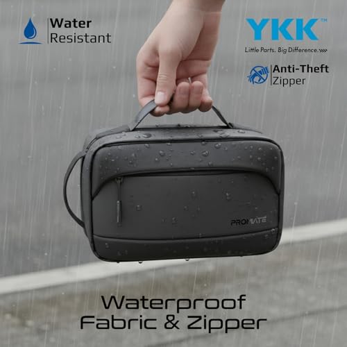 Promate UrbanPouch-Pro Smart Tech Bag, 2.1L Compact Pouch with Biometric Fingerprint Lock, USB-C Fast Recharge, Waterproof Fabric, YKK Zipper, Leather Card Slot, Dual Handles
