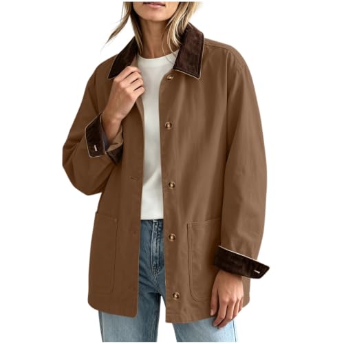 Womens Barn Jacket Corduroy Collar Cuffs Lightweight Button Front Pockets - image 1