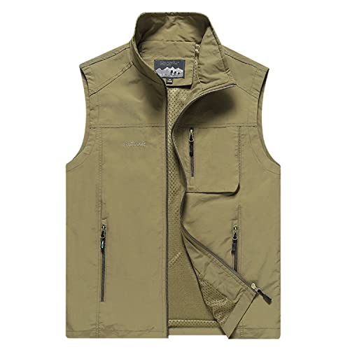 Chaleco De Hombre Chaleco Sin Mangas Casual Chaleco Exteriores Multibolsillos Chaleco De Malla Transpirable Chaqueta para La Fotografía De Pesca Viajes Senderismo,Caqui,L Cover