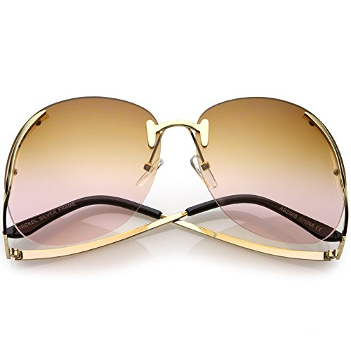 zeroUV - Women's Rimless Curved Metal Arms Round Color Tinted Lens Oversize Sunglasses 67mm