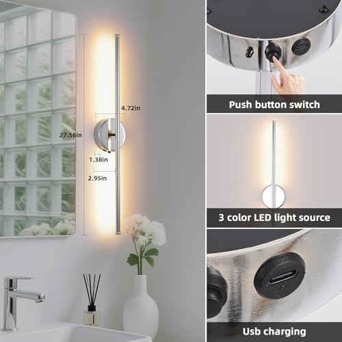 Image of Battery Operated wall Sconce Set of 2, 27.5 inch Chrome USB Rechargeable LED dimmable wall Sconce with Remote Control, Rotate 350 for Living Room, Bedroom, Hallway and scones Lighting