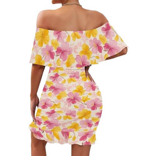 Image of PinkPatty Summer Mini Dress for Women Off Shoulder Ruffled Bodycon Dresses Short Beach Sundress