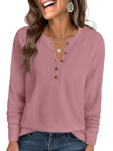 Image of ANRABESS Women's Waffle Knit Henley Top Long Sleeve Shirts