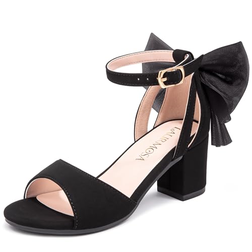 LAURMOSA Black Bow Heels for Girls Dress Shoes Size 3 Kids High Heels for Girls Dress Sandals with Bow Flower Girl Shoes for Wedding Big Kids Tweens Party Prom Dance Graduation Formal (L1058NuBlack 3)