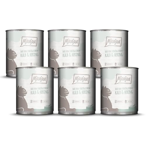 MjAMjAM - Comida húmeda premium para gatos - DUO de excelente ternera y arenque, pack de 6 (6x800g), sin cereales