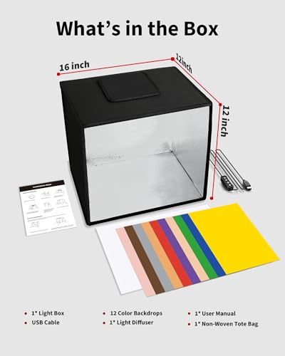 Glendan Photo Light Box Photography:16\"x12\" Portable Light Tent with 112 LED Dimmable Lights - Folding Small Studio Box with 12 Color Backdrops for Jewelry Product Photography