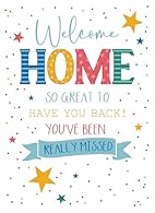 Welcome Home Card - Fun and Virbant Design, finished with Embossing & Gold foil Quality Greeting card from Cherry Orchard, to celebrate those special moments. Designed and Printed in the UK Size: 125 x 174 mm Comes complete with envelope Requires a s...