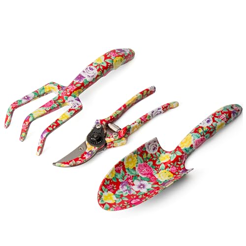 GARTOL 3-teiliges Gartenwerkzeugset - Aluminium-Gartengeräte mit Blumendruck - Kelle, Grubber, Schnittschere und Exquisite Verpackung, Geschenkset für Gartenbedarf