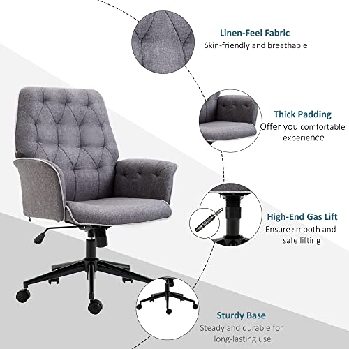 Vinsetto Modern Mid-Back Tufted Linen Home Office Desk Chair With Adjustable Height, Swivel Adjustable Task Chair With Padded Armrests, Dark Grey #TOP5