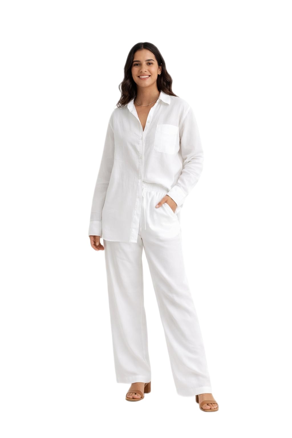 White Flex Coordinated Outfit Womens Cotton Shirt Pant Set-image-0
