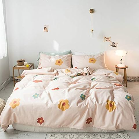 AOJIM 100% Cotton Duvet Cover Colourfast Bedding Set Contains Two Matching Pillowcases Lightweight Fresh Patterns Printed for Kids/Adults Bedroom Decoration Small Floral Queen Size Cover