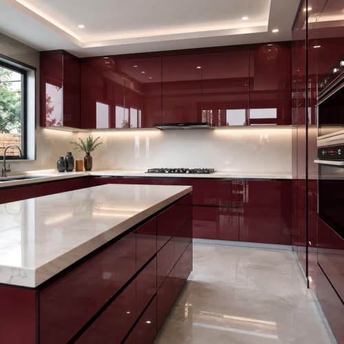 Image of HOME13 Glossy Wallpaper Peel and Stick Maroon Contact Paper Self Adhesive Wall Paper Decorative Removable Waterproof Vinyl Wall Sticker for Kitchen Cabinets Shelves Drawers(20x80 Inch)