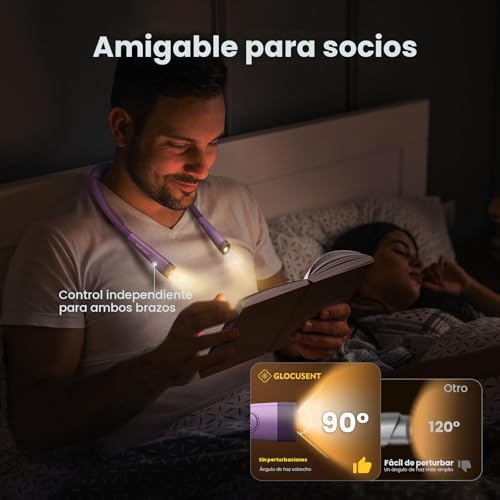 Miniatura 6 de Glocusent Luz De Lectura, Lampara Libro De Lectura Recargable, 3 Colores, 6 Niveles De Iluminación, Brazos Flexibles, Larga Duración, Perfecto Para Leer, Tejer, Acampar, Reparar