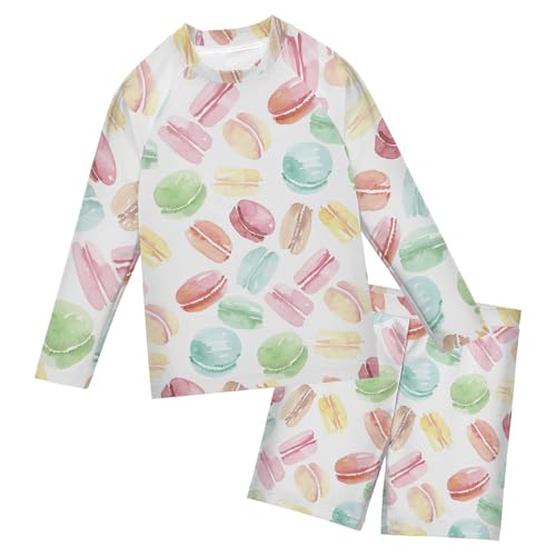 Aflyko Kids' Bathing Suit Set Watercolor Yummy Macaron Long Sleeve Swim Tops with Shorts Summer Vacation Pool Party Rashguard Fun Cute Infant Beachwear, 4T Multicoloured