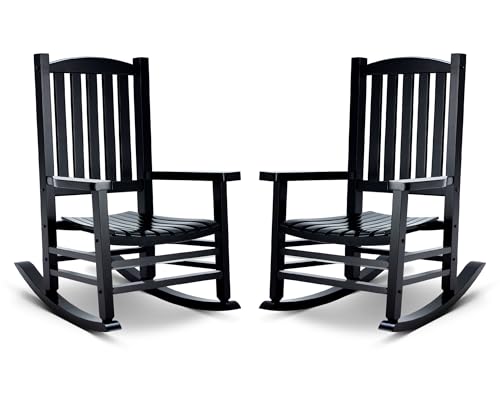 Wooden Rocking Chair Rocker Outdoor Oversized Porch Rocker Chair,Patio Wooden Rocker with High Back and Armrest,All Weather Rocker Slatted for Backyard,Garden,400 lbs Support,Black,Set of 2