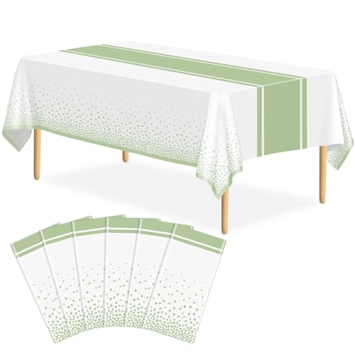 Image of 6 Pack White and Sage Green Tablecloth Party Decorations Plastic White Tablecloth Printed Sage Green Table Runner 54 x108 Inch Disposable Rectangle Table Cover for Birthday Wedding Graduation