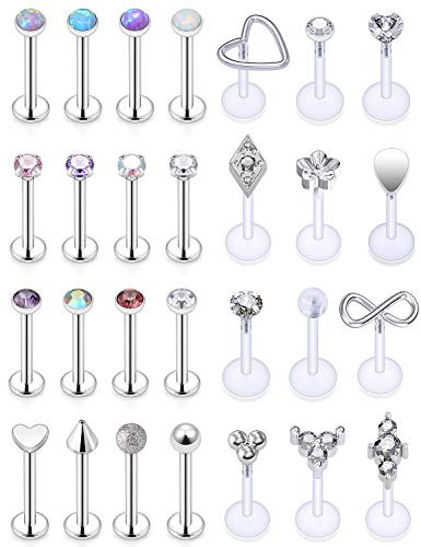 Vsnnsns 16G Lip Rings Stainless Steel Opal Labret Monroe Lip Rings Nail Cartilage Tragus Helix Earrings Studs Ring Medusa Piercing Jewelry Retainer For Women Men Silver 8Mm 28Pcs #TOP8