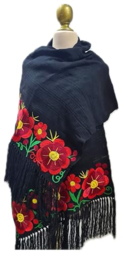 La Santa Art Mx Rebozo Mexicano Bordado Floral. Mexican embroidered shawl. handmade rebozo made from a loom. Mexican handmade floral embroidered rebozo Christmas gift (Black/roses)