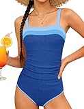 Shallmu Girls One Piece Swimsuits Size 10-12 Swimsuit for Girls Fashion Solid Color Adjustable Straps Contrast Trim Dark Blue Girl Bathing Suit