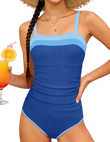 Shallmu Girls One Piece Swimsuits Size 10-12 Swimsuit for Girls Fashion Solid Color Adjustable Straps Contrast Trim Dark Blue Girl Bathing Suit