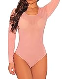 Womens Sexy Long Sleeve Sheer Mesh Corset Bodysuit (L, Pink)