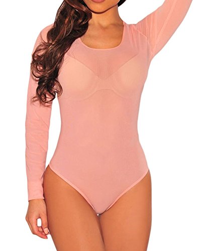 HUUSA Womens Sexy Long Sleeve Sheer Mesh Corset Bodysuit (L, Pink)