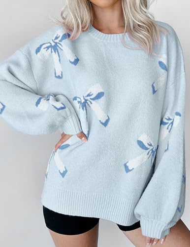 Image of Libsorge Womens Oversized Cute Bows Crewneck Pullover Sweater | Fall Winter Trendy Long Shoulder Balloon Sleeve Cozy Knit Baggy Printed Dressy Casual Valentines Day Vintage Sweaters