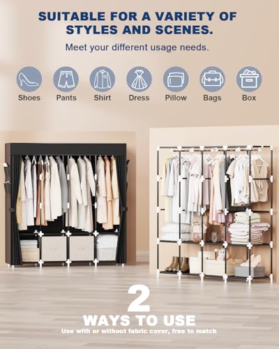 Image of Mavivegue Clothes Organizer with 4 Hanging Rods, Portable Closet Wardrobe, Non-Woven Fabric Cover, Large Capacity Storage for Bedroom and Living Room,Black, 67 inch W x 17 inch D x 67 inch H