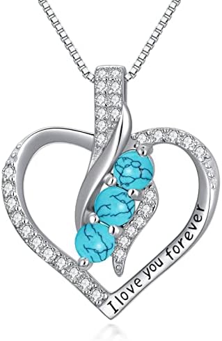 OCJ Valentines Day Gifts for Women Sterling Silver Love Heart Birthstone Necklaces for Women December Birthstone Pendant Necklace withTurquoise Jewelry Birthday Christmas Anniversary Valentine Mothers Day Gifts for Women Her Girls Mom