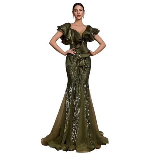 BluePlum Elegant Floor Length Dresses Women Formal V Neck Sequin Evening Gowns Event Gala Mermaid Mesh Prom Ball Dress Luxury, Olive-Green, M