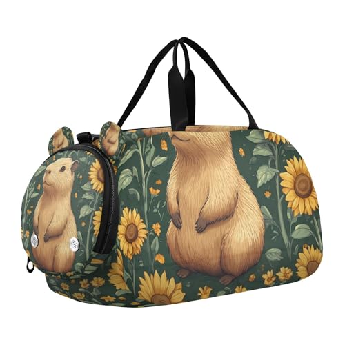 Glaphy Capybaras Sunflowers Funny Duffle Bag for Toddler Boys Girls, Gym Sports Bag with Shoe Compartments, Kids Travel Overnight Weekender Shoulder Bag