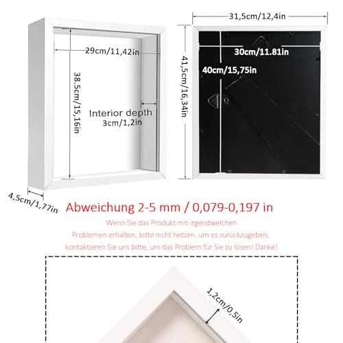 Bilderrahmen zum Befüllen, 30 x 40 cm, Objektrahmen Tiefer 3 cm, Tiefer Bilderrahmen zum Befüllen, mit Transparente Acrylplatte, Hölzern Rectangle Rahmen für Hochzeitsstrauß, für Fotos, Weiß