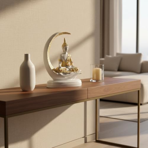 Image of ZAICUS White Buddha Idol for Home Decor | Meditating Buddha Statue on Crescent Moon | Showpiece for Living Room, Office, Temple | Spiritual Gift