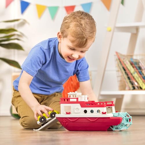 Image of Battat Wonder Wheels Bath Toy Ferry Boat with 2 Cars, Floating Play, Trucks | Pool and bath toy boat with slide-out ramp, wind-up propeller, realistic ferry details, recyclable materials, 1+ Years