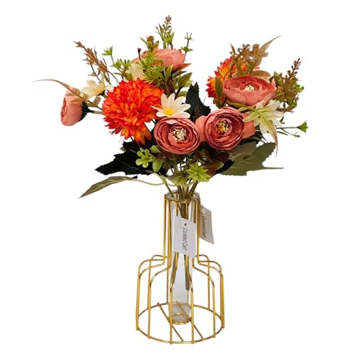Image of CURATED CART Artificial Flowers 2 Bunches - 9 Mixed Flower Heads Each - Roses, Daisies & Chrysanthemums - Faux Flowers for Vases, Home Decor, Office, Parties (Orange) (No Vase)