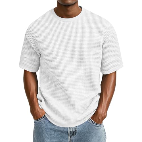 Image of Waffle Knit Men's T-Shirts Summer Casual Short Sleeve T Shirt Mens Crew Neck Breathable Summer Tops Plain Lightweight Comfortable Regular Fit Beach Holiday White M