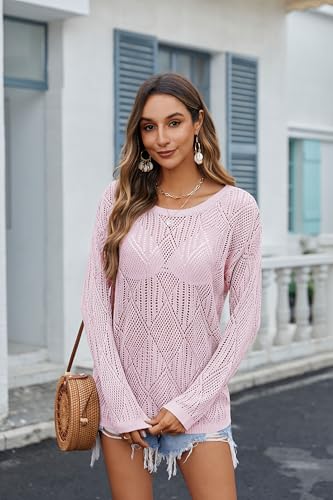 Image of Zeagoo Womens Crochet Top Summer Scoop Neck Long Sleeve Off The Shoulder Sweater Oversized Hollow Out Beach Clothes Pink XXL