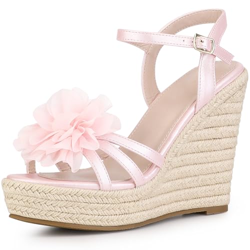 Allegra K Alpargatas con plataforma y tacón de cuña con flores para mujer Rosa brillante 41