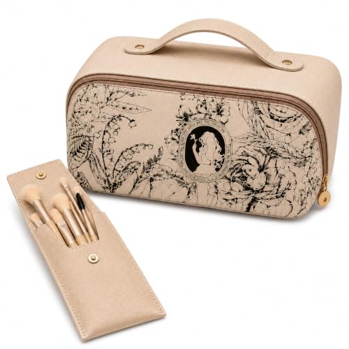 Image of Travel Makeup Bag with Make Up Brushes Makeup Bag Organizer Large Capacity Floral Cosmetic Bag for Women with Compartments Waterproof Leather Flat Open Portable Cosmetic Travel Bag with Handle Beige